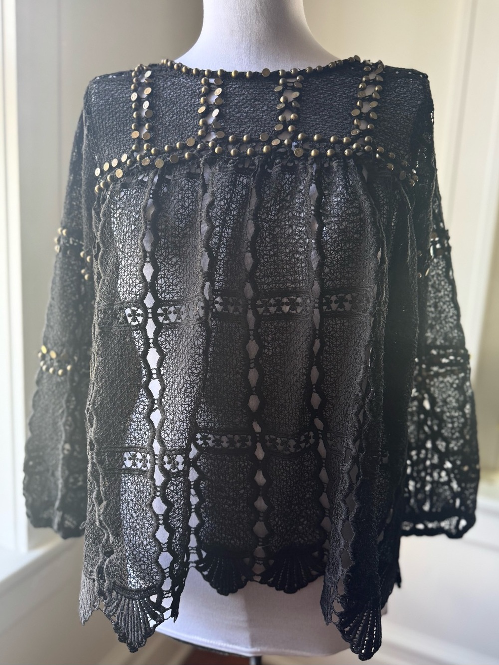 Anthropologie Maeve Black Lace Crochet Blouse with Brass Stud Trim